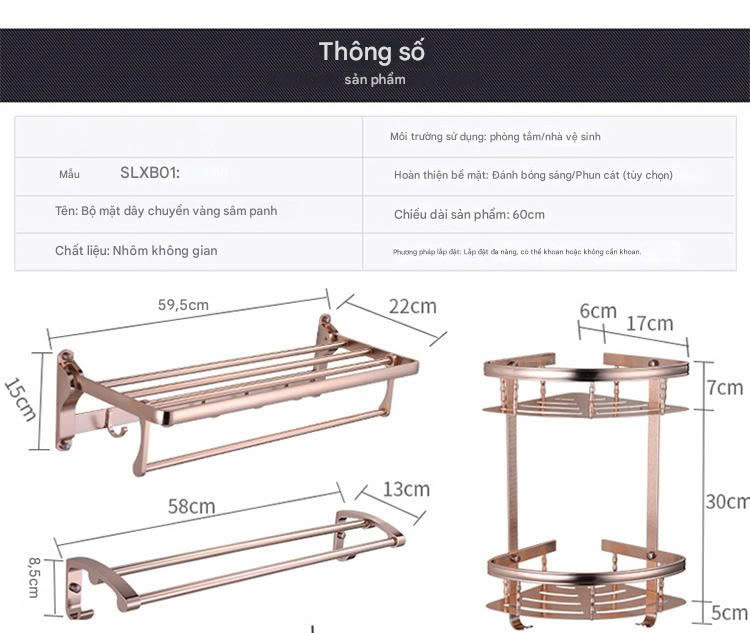 Bộ 5 Món Phụ Kiện Nhà Tắm Màu Vàng Nhôm Cao Cấp - Giá Treo Khăn 2 Thanh  Hộp Giấy 002-7