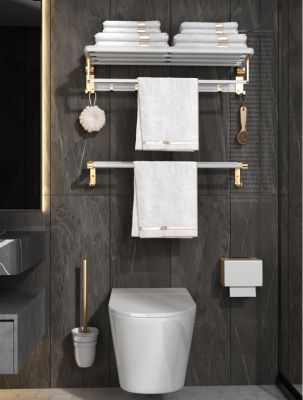 Bộ 6 Món Phụ Kiện Nhà Tắm Màu Trắng Bạc Cao Cấp - Giá Treo Khăn, Kệ Góc 2 Tầng & Hộp Giấy 004