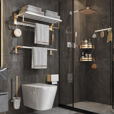 Bộ 6 Món Phụ Kiện Nhà Tắm Màu Trắng Bạc Cao Cấp - Giá Treo Khăn, Kệ Góc 2 Tầng & Hộp Giấy 004