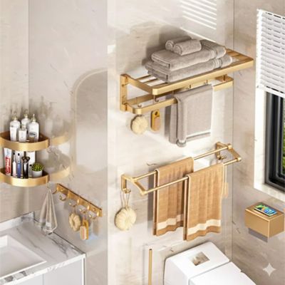 Bộ Giá Treo Đồ Nhà Tắm Màu Vàng Cao Cấp - Giá 3 Thanh, 2 Móc & Kệ Đa Năng Chống Ẩm