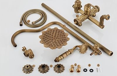 Bộ Vòi Sen Cao Cấp Mã 003 - Thiết Kế Hoa Sen Chạm Khắc Cổ Điển, Chất Liệu Đồng Nguyên Khối Đa Chức Năng