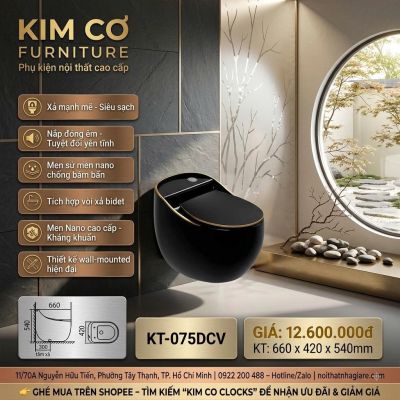 Bồn Cầu Treo Tường KT-075DCV Toàn Thân Đen Viền Vàng Kim – Tích Hợp Vòi Xả Bidet
