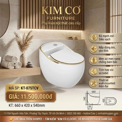 Bồn Cầu Treo Tường KT-075TCV Màu Trắng Viền Vàng Kim – Tích Hợp Vòi Xả Bidet