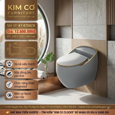 Bồn Cầu Treo Tường KT-075XCV Màu Xám Viền Vàng Kim – Tích Hợp Chức Năng Bidet