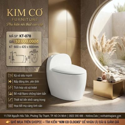 Bồn Cầu Treo Tường KT-078 Trắng Toàn Thân – Thiết Kế Liên Khối Họa Tiết Mạ Vàng