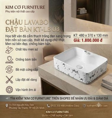 Chậu Lavabo Đặt Bàn KT-LB 03 Vân Đá Cẩm Thạch Trắng Đen - Kim Cơ Furniture