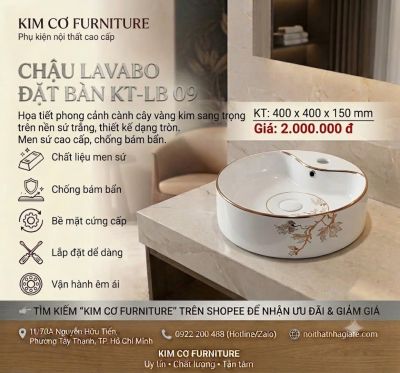 Chậu Lavabo Đặt Bàn KT-LB 09 Họa Tiết Vàng Kim - Kim Cơ Furniture