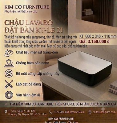 Chậu Lavabo Đặt Bàn KT-LB 21 – Hai Tông Màu Trắng Đen Sang Trọng Tinh Tế