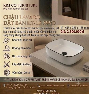 Chậu Lavabo Đặt Bàn KT-LB 39VD – Thiết Kế Hình Chữ Nhật Bo Góc Viền Đen Mờ Sang Trọng