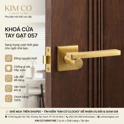 Khóa Cửa Tay Gạt Vuông Đồng Thau Cao Cấp Màu Vàng Xước 057